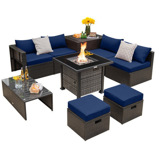 Load image into Gallery viewer, Outdoor 9 Pieces Patio Furniture Set with 50 000 BTU Propane Fire Pit Table-Navy
