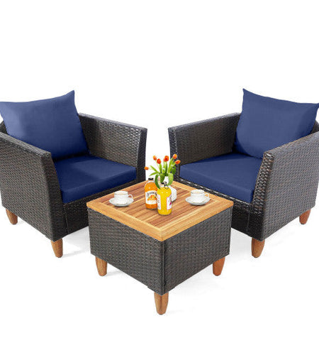 3 Pieces Patio Rattan Bistro Furniture Set with Wooden Table Top-Navy