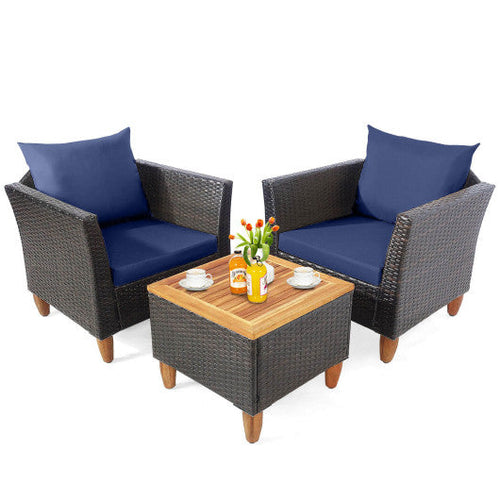 Load image into Gallery viewer, 3 Pieces Patio Rattan Bistro Furniture Set with Wooden Table Top-Navy
