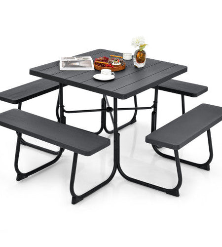 Outdoor Picnic Table with 4 Benches and Umbrella Hole-Black