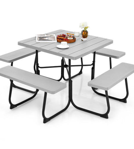 Outdoor Picnic Table with 4 Benches and Umbrella Hole-Gray