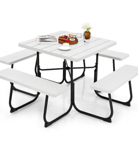Outdoor Picnic Table with 4 Benches and Umbrella Hole-White