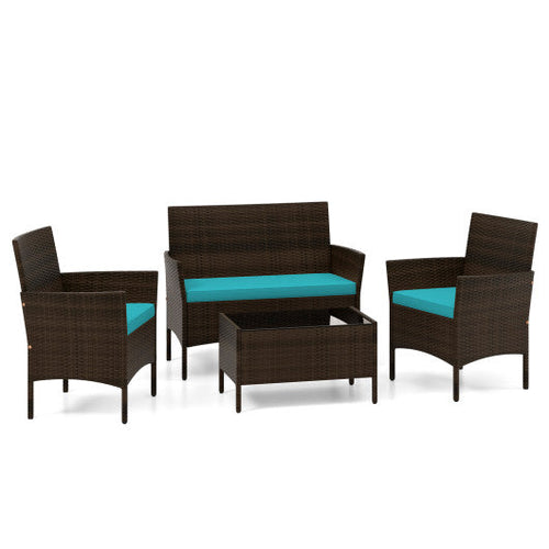 Load image into Gallery viewer, 4 Piece Patio Rattan Conversation Set with Cozy Seat Cushions-Turquoise
