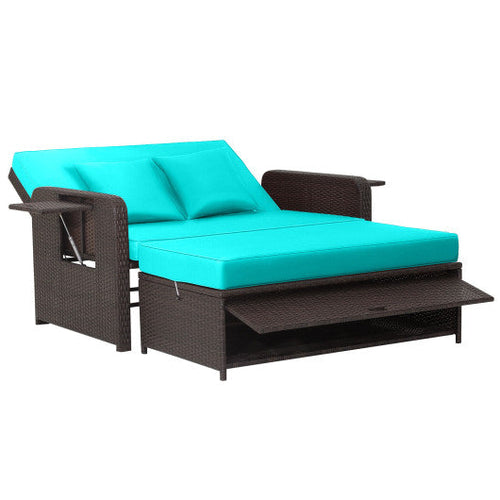 Load image into Gallery viewer, Patio Rattan Daybed with 4-Level Adjustable Backrest and Retractable Side Tray-Turquoise
