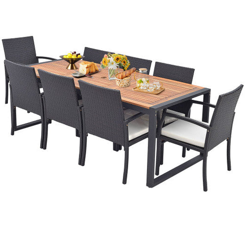 Load image into Gallery viewer, 9 Pieces  Patio Rattan Dining Set with Acacia Wood Table for Backyard  Garden-L-shaped Handrail
