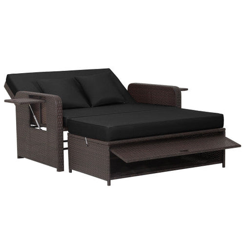 Load image into Gallery viewer, Patio Rattan Daybed with 4-Level Adjustable Backrest and Retractable Side Tray-Black
