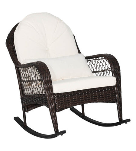 Patio Rattan Rocking Chair with Seat Back Cushions and Waist Pillow-White