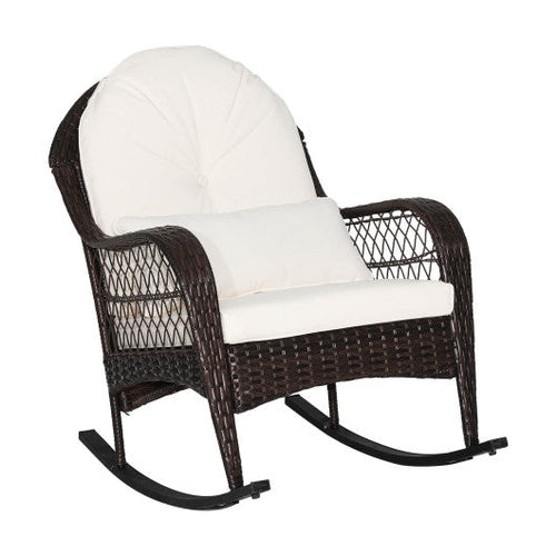 Load image into Gallery viewer, Patio Rattan Rocking Chair with Seat Back Cushions and Waist Pillow-White
