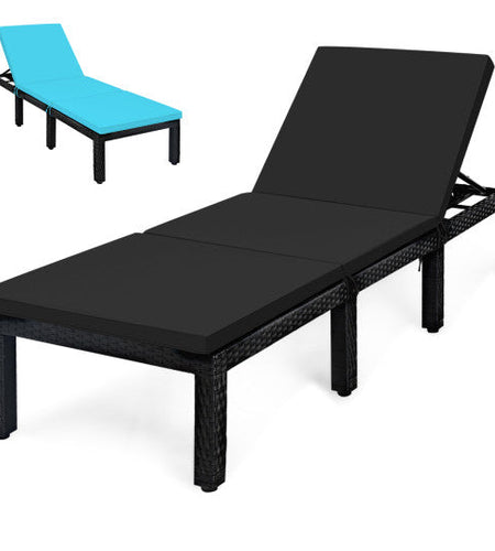 Patio Rattan Height Adjustable Lounge Chair with 2 Set of Cushion Cover-Black & Turquoise