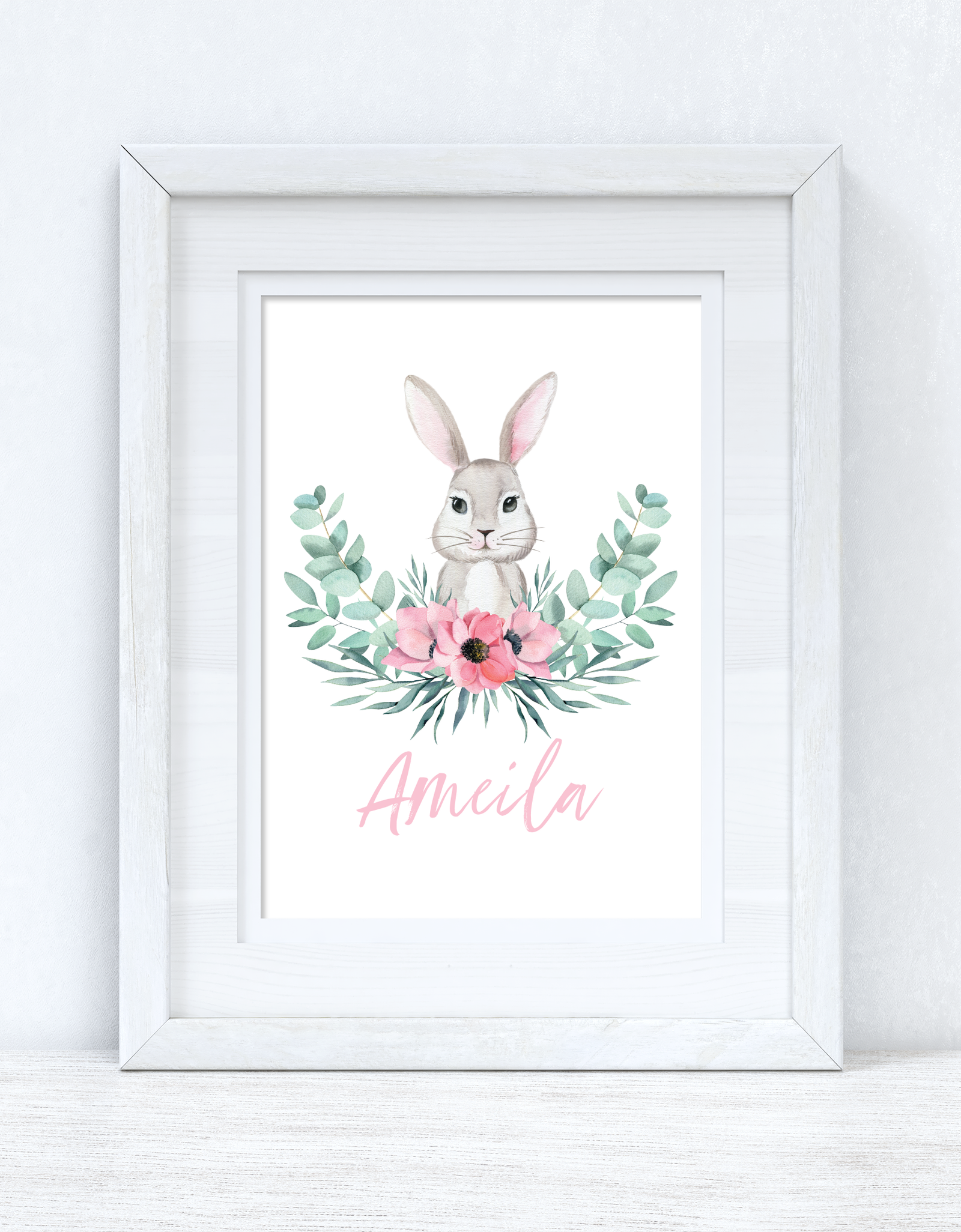 Personalised Pink Wording Floral Bunny Easter Spring Seasonal Wall Home Decor Print by WinsterCreations™ Official Store