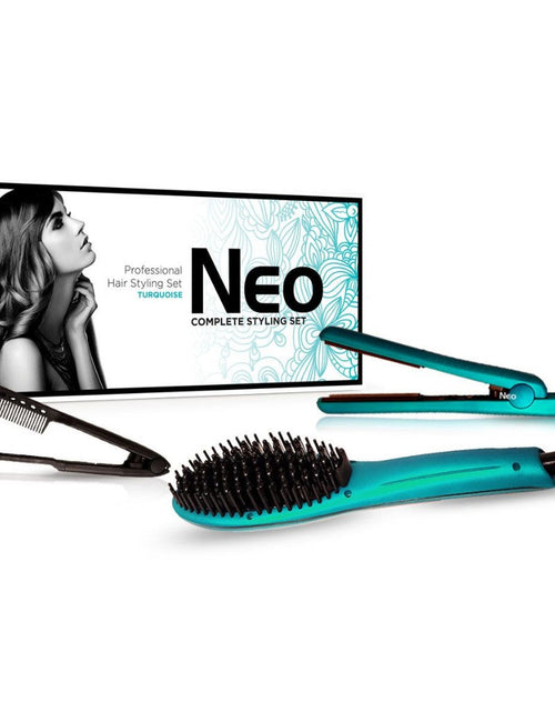 Load image into Gallery viewer, The Heated Brush Set - Heated Straightening Brush w/ 0.5" Mini Flat Iron &amp; EZ Comb - Turquoise
