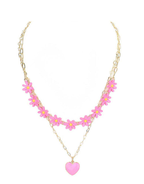 Load image into Gallery viewer, Enamel Heart Pendant Flower Link Double Layered Necklace by Madeline Love
