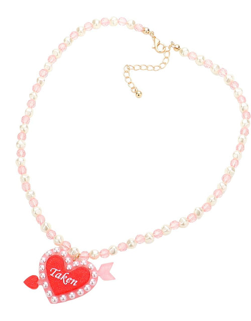 Load image into Gallery viewer, Taken Message Glittered Heart Arrow Pearl Beaded Necklace by Madeline Love
