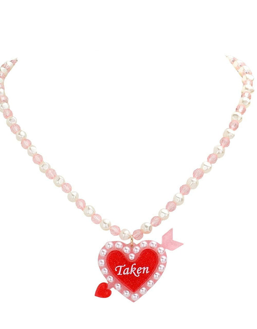 Load image into Gallery viewer, Taken Message Glittered Heart Arrow Pearl Beaded Necklace by Madeline Love
