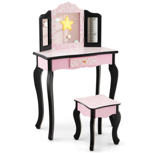 Load image into Gallery viewer, Kid Vanity Set with Tri-Folding Mirror and Leopard Print-Pink
