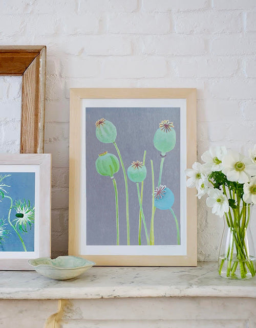 Load image into Gallery viewer, Art Print:  Poppy Pods on Grey by India &amp; Purry
