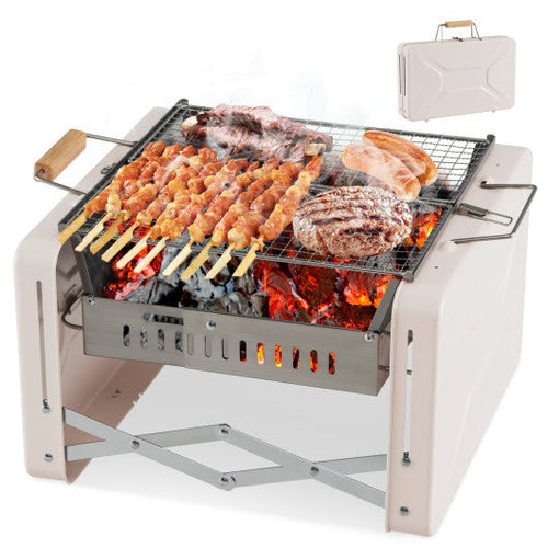 Load image into Gallery viewer, Folding Charcoal BBQ Grill with Dishwasher-safe Grill Grids and Charcoal Box-Beige
