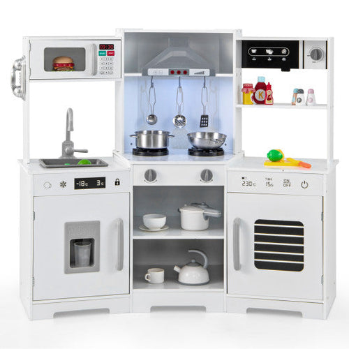 Load image into Gallery viewer, Pretend Play Kitchen Wooden Toy Set with Range Hood Real Sounds and Lights-White

