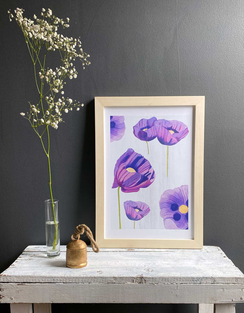 Load image into Gallery viewer, Art Print:  Purple Poppies on Snow by India &amp; Purry
