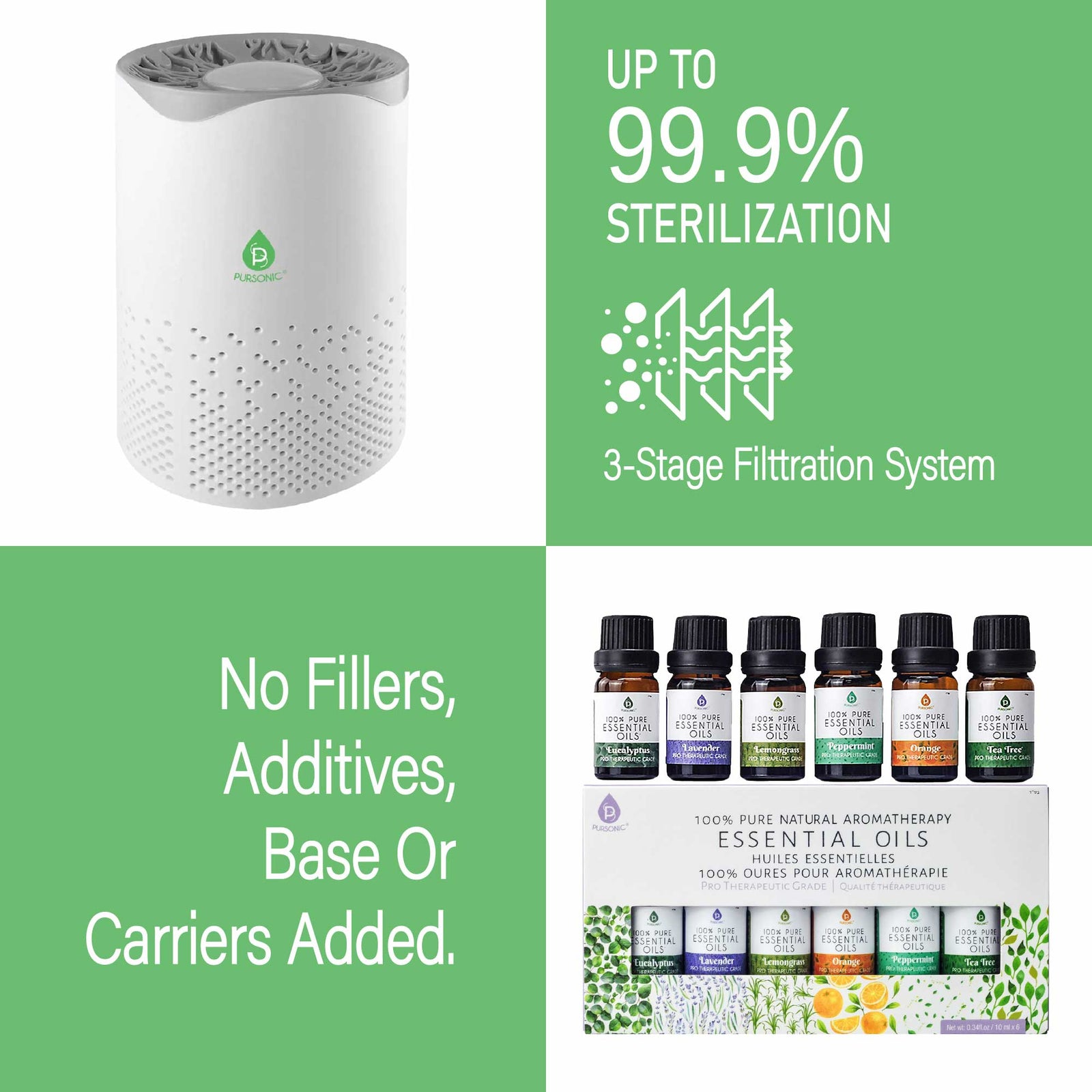 Pursonic Air Purifier with 6-Pack Premium Essential Oils Collection by Pursonic