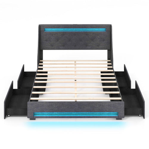 Load image into Gallery viewer, Queen Size Upholstered Platform Bed Frame with LED Lights and Charging Station-Grey
