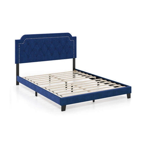 Load image into Gallery viewer, Queen Size Velvet Platform Bed with Button Tufted and Nailhead Trim Headboard
