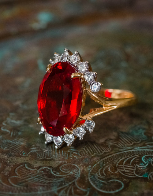 Load image into Gallery viewer, Vintage 1970's Ring Ruby and Clear Austrian Crystals 18k Yellow Gold Plated Band Made in USA by PVD Vintage Jewelry
