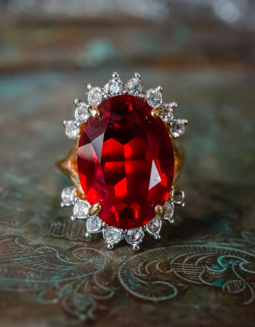 Load image into Gallery viewer, Vintage 1970's Ring Ruby and Clear Austrian Crystals 18k Yellow Gold Plated Band Made in USA by PVD Vintage Jewelry
