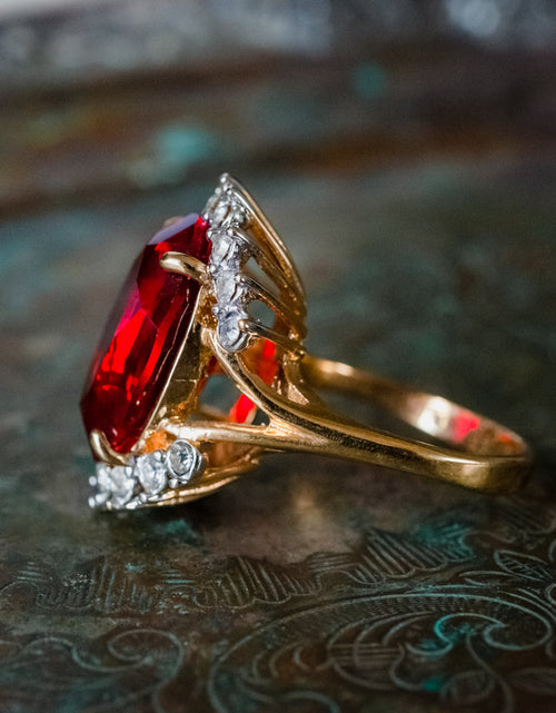 Load image into Gallery viewer, Vintage 1970's Ring Ruby and Clear Austrian Crystals 18k Yellow Gold Plated Band Made in USA by PVD Vintage Jewelry
