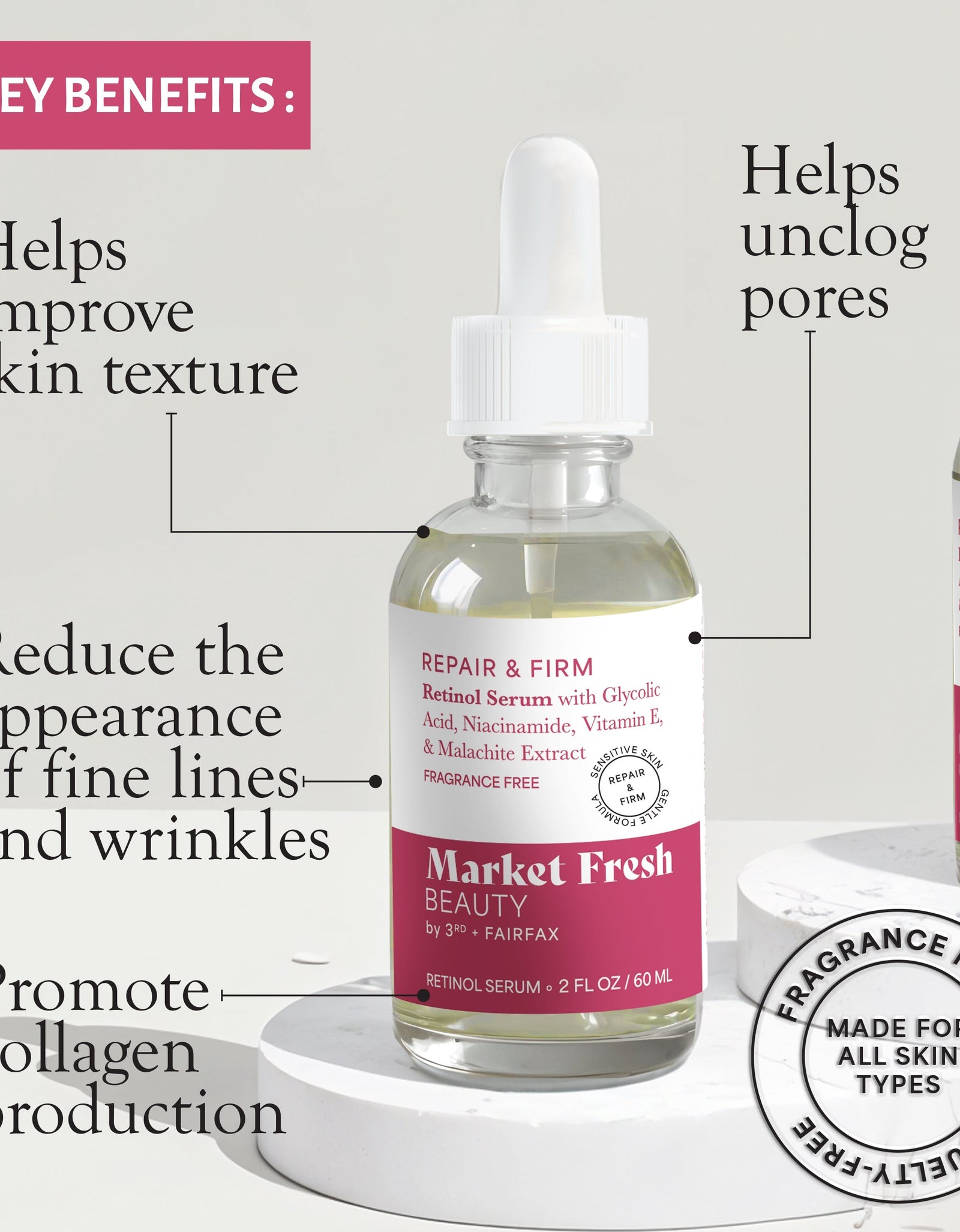 Market Fresh Beauty Retinol Repair & Firm Serum with Niacinamide, Glycolic, Ferulic Acid | Fragrance-Free | 2 fl oz by  Los Angeles Brands
