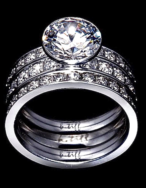 Load image into Gallery viewer, B.Tiff 2 ct Solitaire Pave Engagement Ring &amp; Eternity Bands Set by B.Tiff New York
