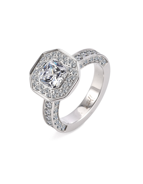 Load image into Gallery viewer, B.Tiff Aŭreolo II 1 ct Cushion Cut Halo Engagement Ring &amp; Three-Row Eternity Band Set by B.Tiff New York
