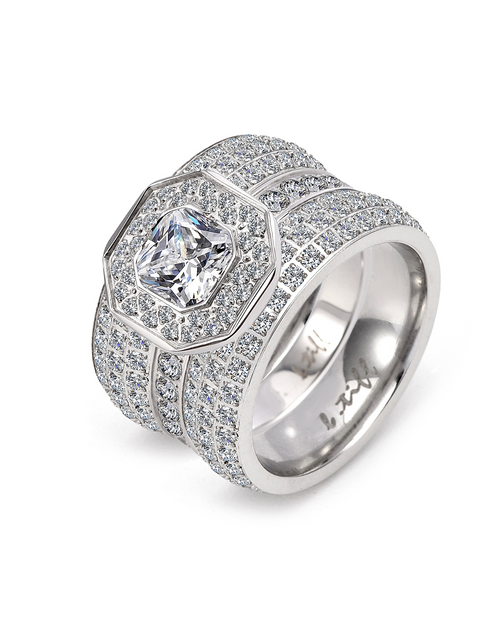 Load image into Gallery viewer, B.Tiff Aŭreolo II 1 ct Cushion Cut Halo Engagement Ring &amp; Three-Row Eternity Band Set by B.Tiff New York
