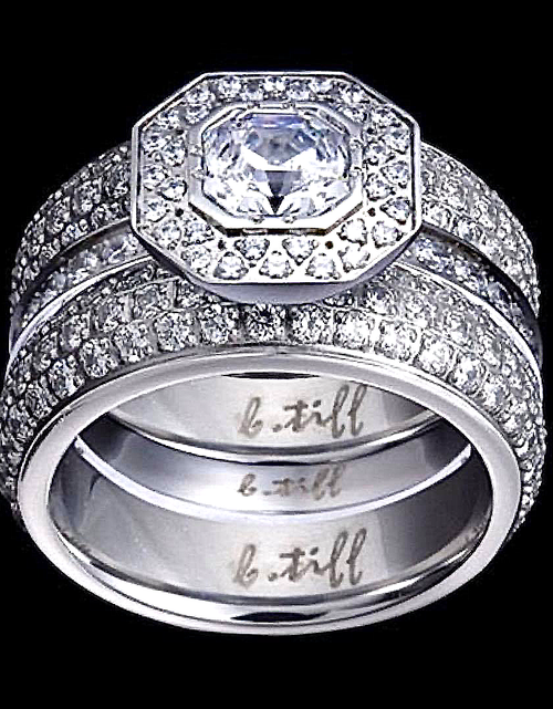 Load image into Gallery viewer, B.Tiff Aŭreolo II 1 ct Cushion Cut Halo Engagement Ring &amp; Three-Row Eternity Band Set by B.Tiff New York
