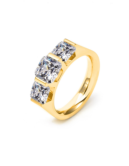 Load image into Gallery viewer, RG203G B.Tiff 18K Gold Plated 3-Stone Cushion Cut Engagement Ring by B.Tiff New York
