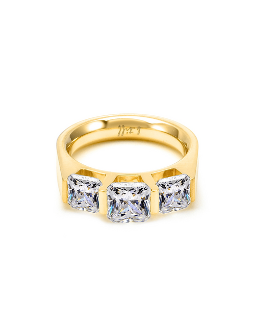 Load image into Gallery viewer, RG203G B.Tiff 18K Gold Plated 3-Stone Cushion Cut Engagement Ring by B.Tiff New York
