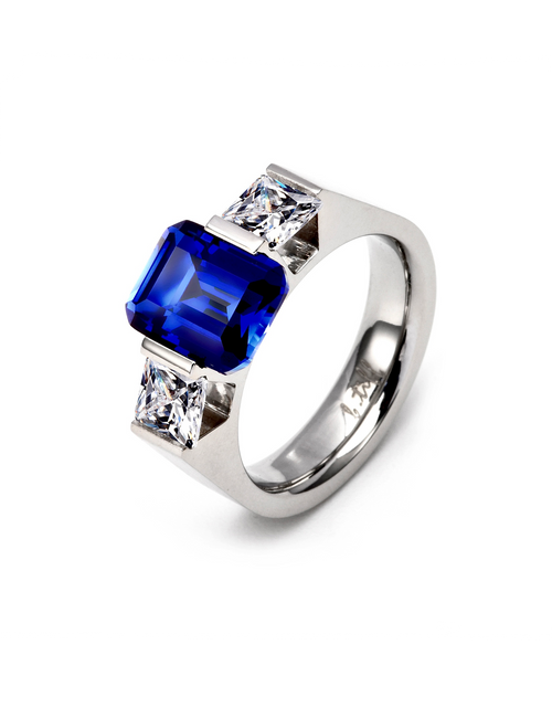 Load image into Gallery viewer, RG208BL B.Tiff 3-Stone 3 ct Blue Emerald Cut Engagement Ring by B.Tiff New York
