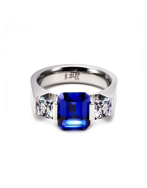 Load image into Gallery viewer, RG208BL B.Tiff 3-Stone 3 ct Blue Emerald Cut Engagement Ring by B.Tiff New York

