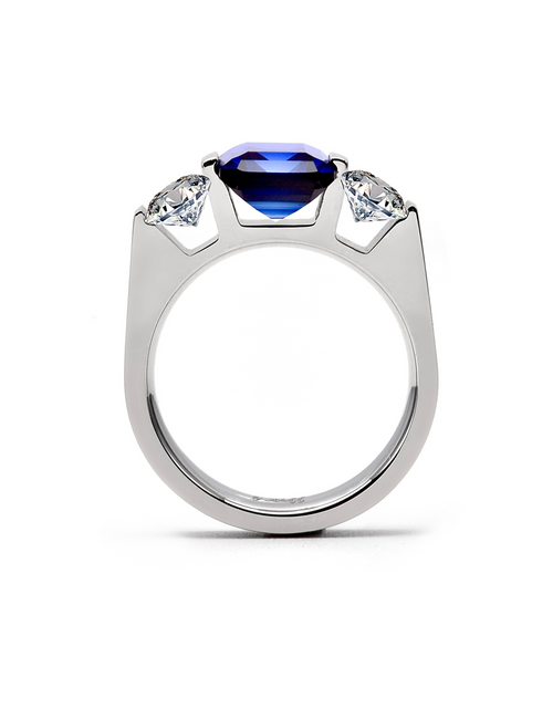 Load image into Gallery viewer, RG208BL B.Tiff 3-Stone 3 ct Blue Emerald Cut Engagement Ring by B.Tiff New York
