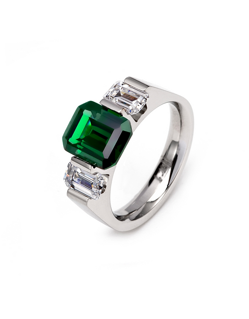 Load image into Gallery viewer, RG208GR B.Tiff 3-Stone 3 ct Green Emerald Cut Engagement Ring by B.Tiff New York
