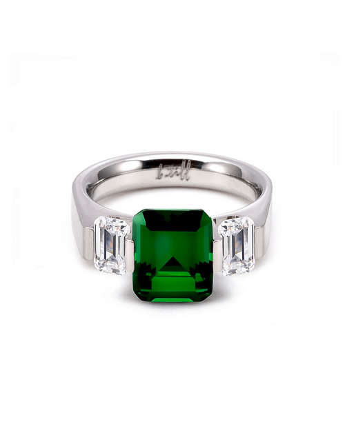 Load image into Gallery viewer, RG208GR B.Tiff 3-Stone 3 ct Green Emerald Cut Engagement Ring by B.Tiff New York
