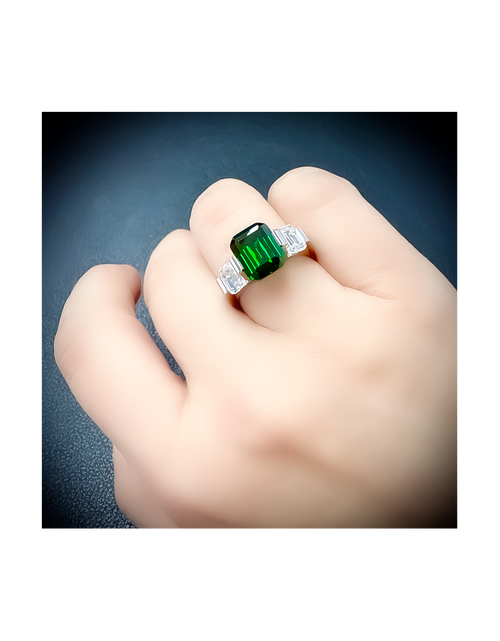 Load image into Gallery viewer, RG208GR B.Tiff 3-Stone 3 ct Green Emerald Cut Engagement Ring by B.Tiff New York

