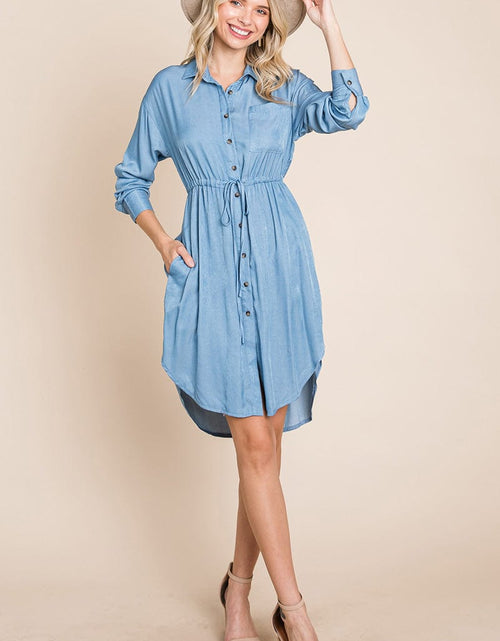 Load image into Gallery viewer, Button Down drawstring Tie waist Chambray Dress by RolyPoly Apparel
