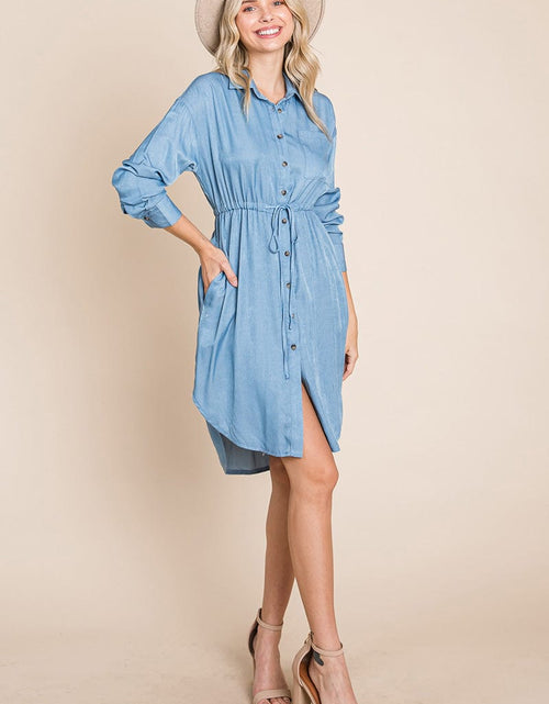 Load image into Gallery viewer, Button Down drawstring Tie waist Chambray Dress by RolyPoly Apparel
