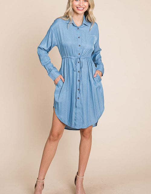 Load image into Gallery viewer, Button Down drawstring Tie waist Chambray Dress by RolyPoly Apparel
