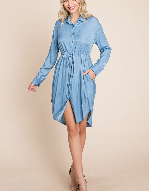 Load image into Gallery viewer, Button Down drawstring Tie waist Chambray Dress by RolyPoly Apparel
