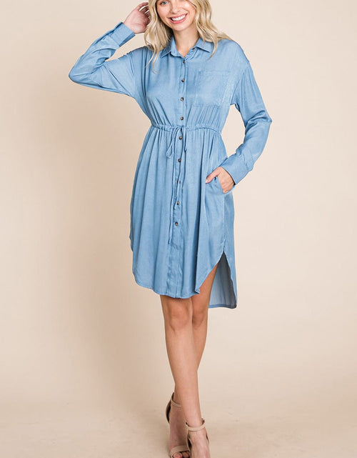 Load image into Gallery viewer, Button Down drawstring Tie waist Chambray Dress by RolyPoly Apparel
