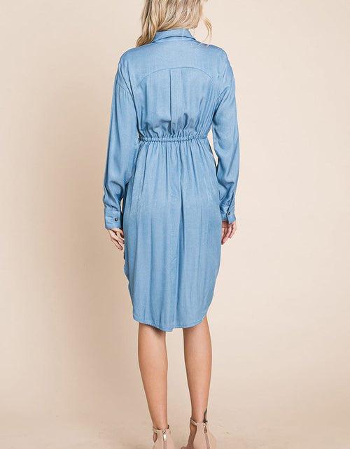 Load image into Gallery viewer, Button Down drawstring Tie waist Chambray Dress by RolyPoly Apparel
