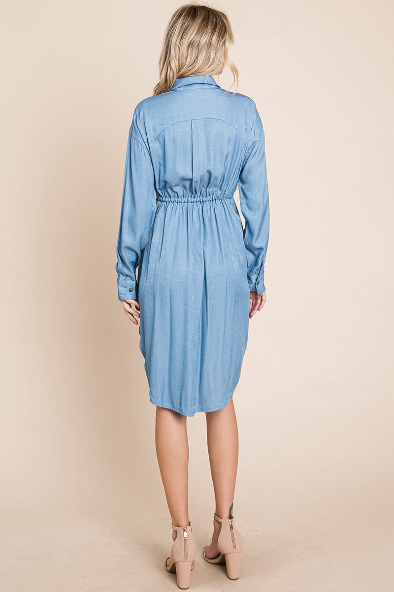 Button Down drawstring Tie waist Chambray Dress by RolyPoly Apparel