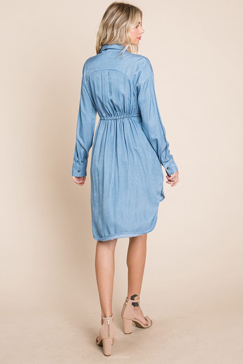 Button Down drawstring Tie waist Chambray Dress by RolyPoly Apparel